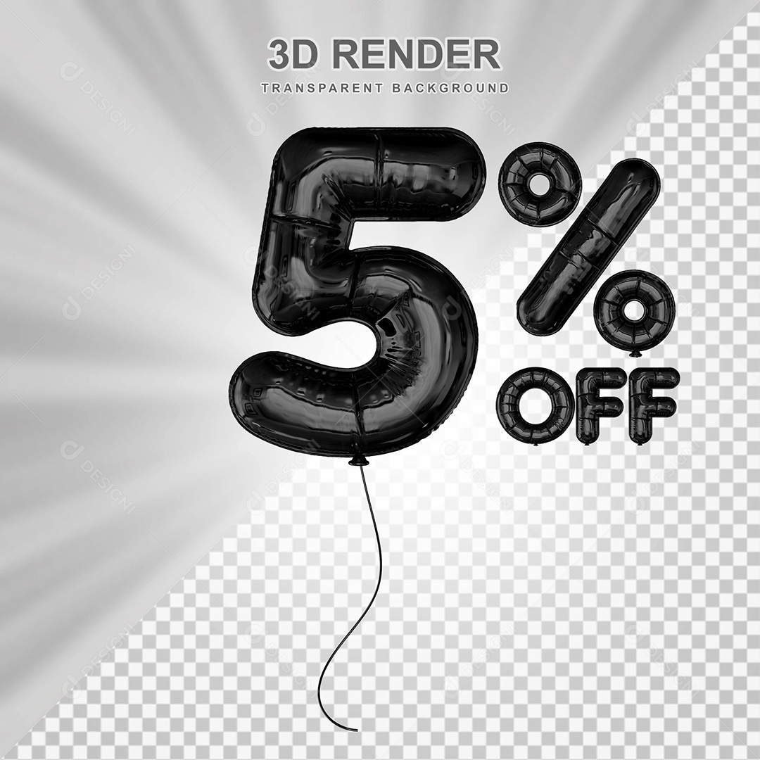 Elemento 3D Balão Preto de Número 5% para Composição PSD