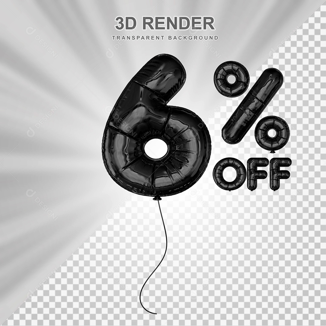 Elemento 3D Balão Preto de Número 6% para Composição PSD