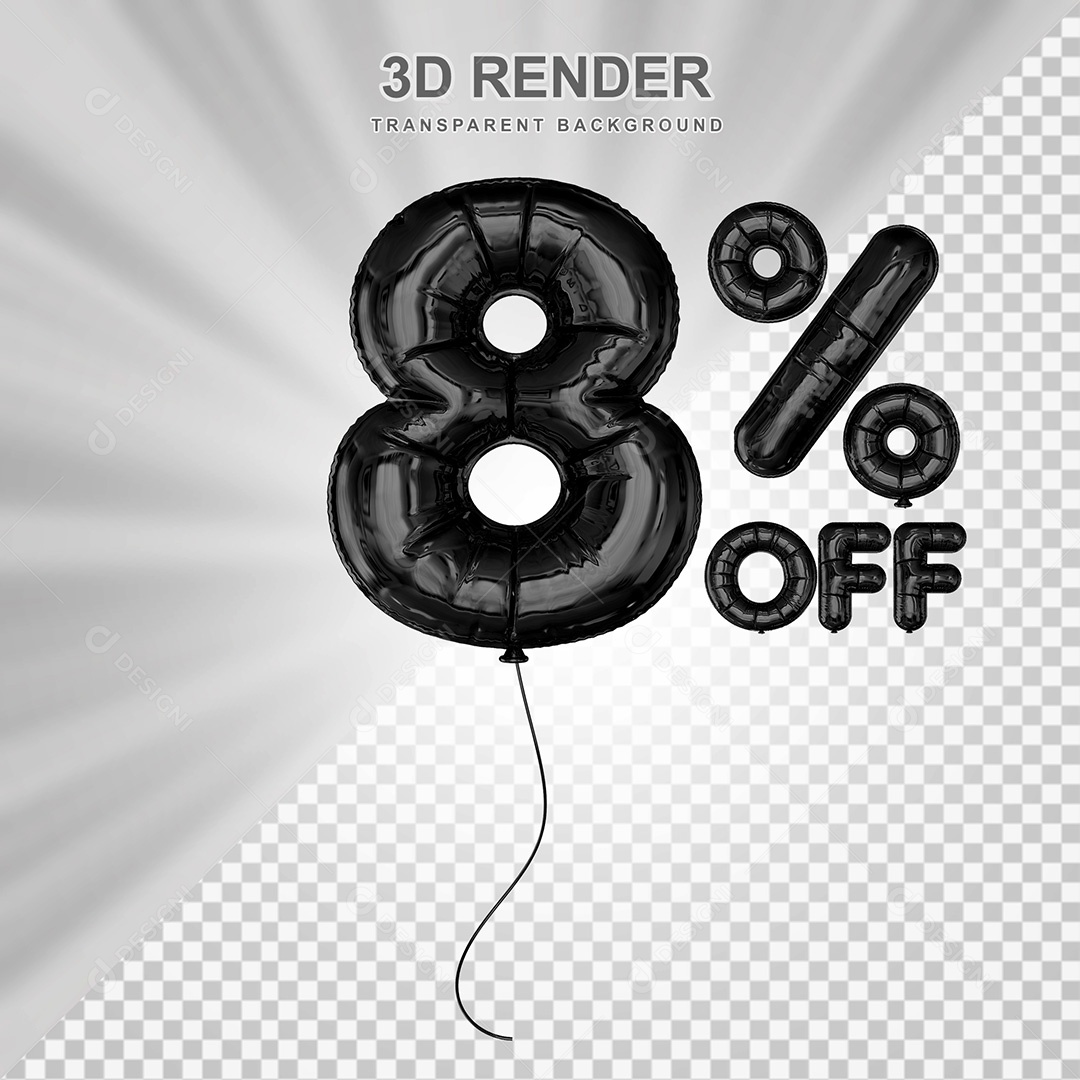 Elemento 3D Balão Preto de Número 8% para Composição PSD