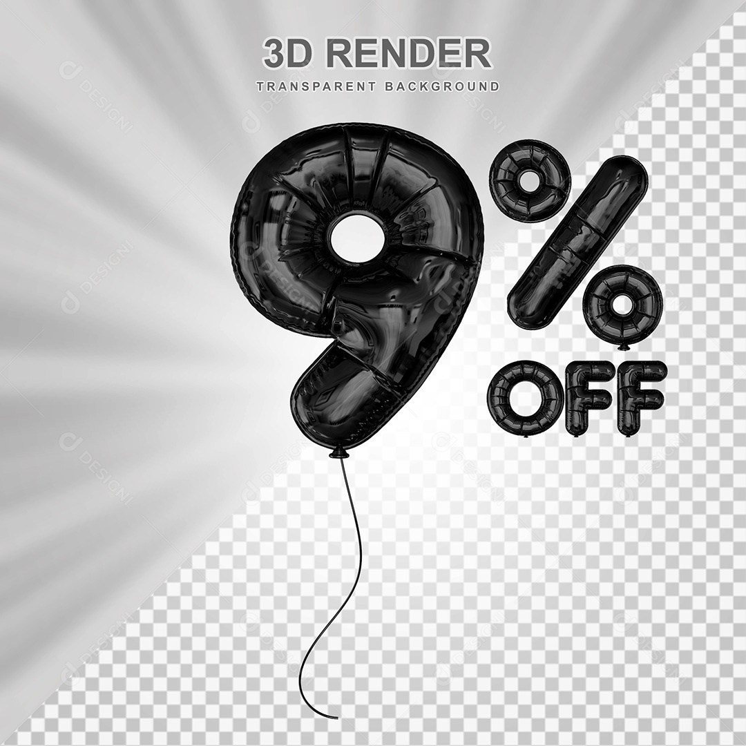 Elemento 3D Balão Preto de Número 9% para Composição PSD