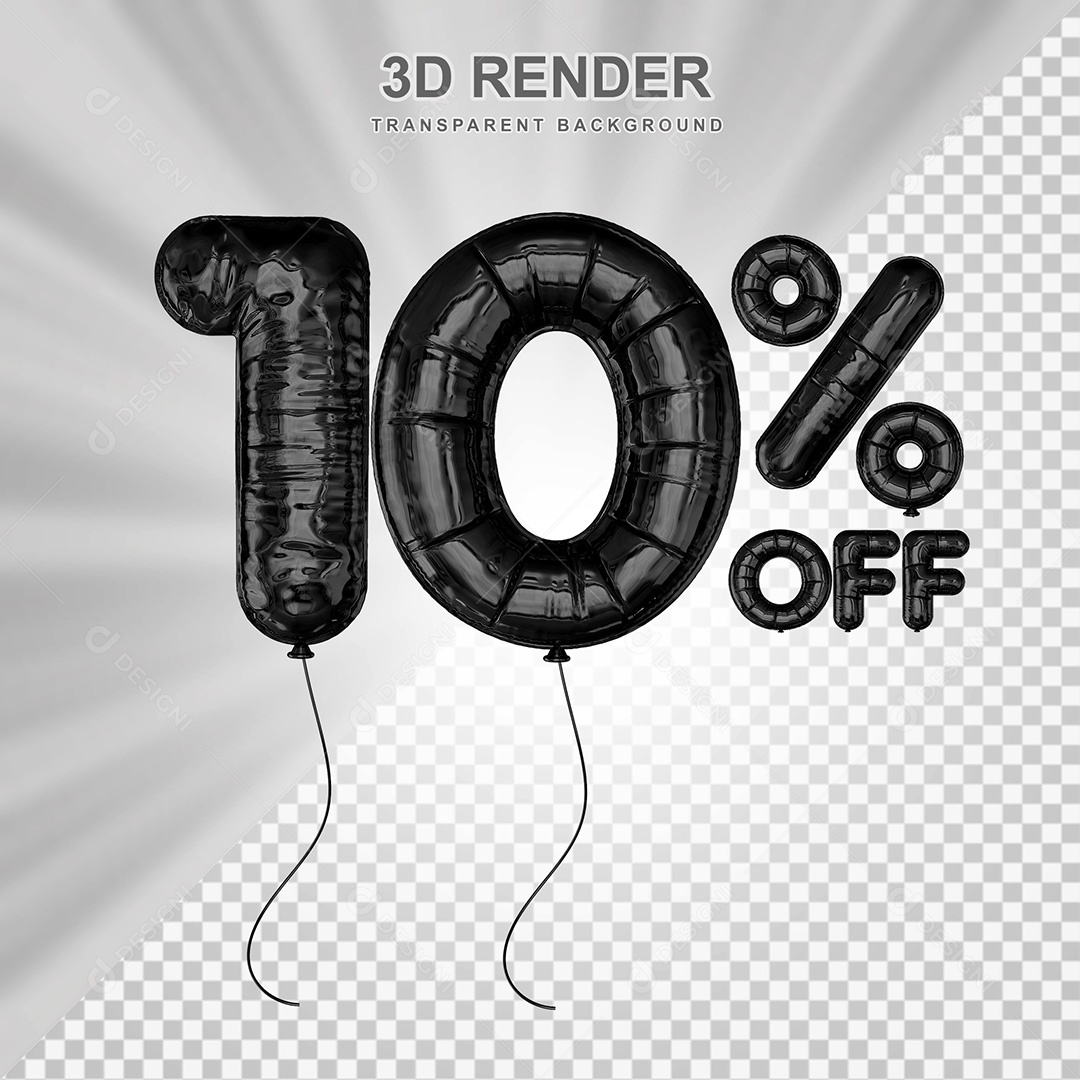 Elemento 3D Balão Preto de Número 10% para Composição PSD