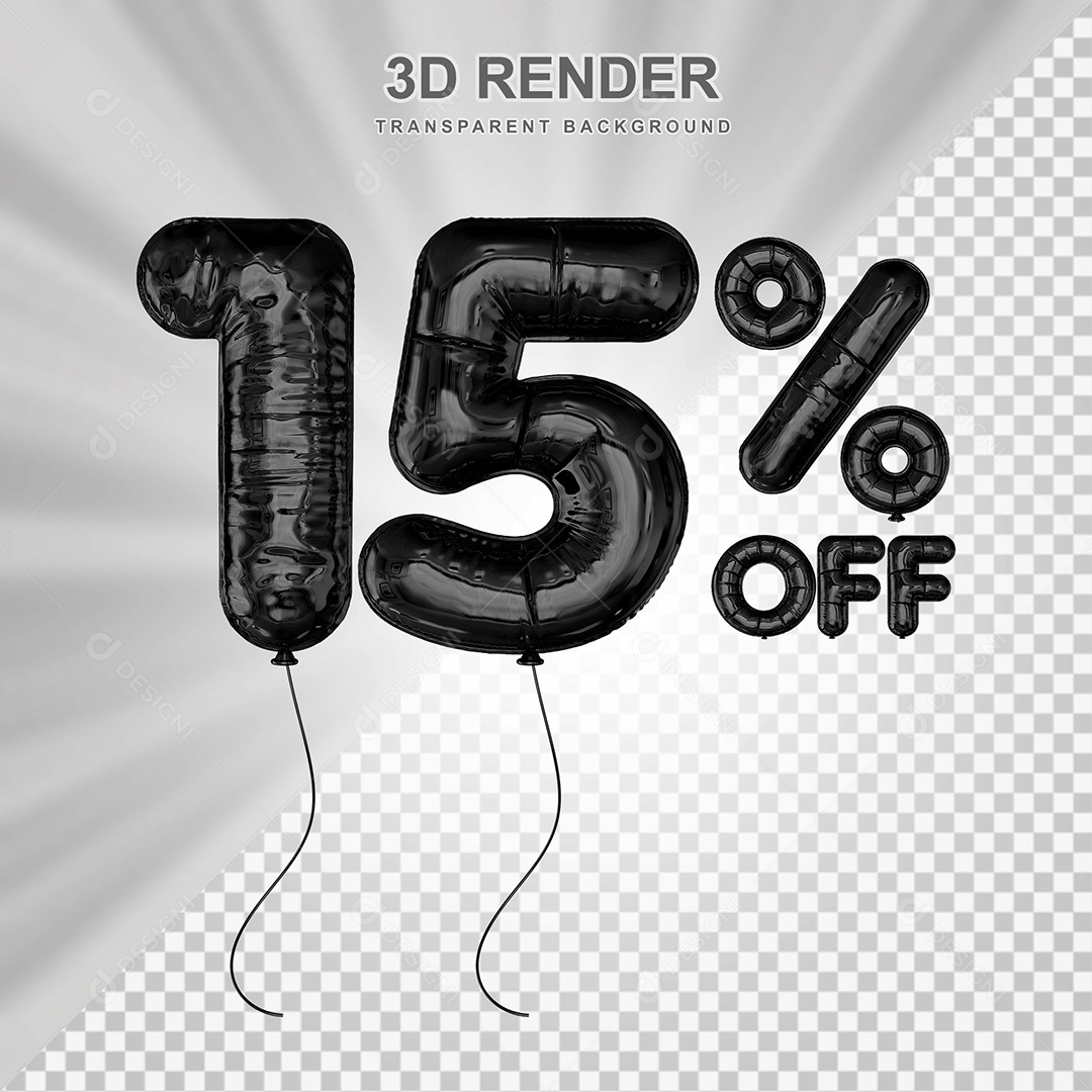 Elemento 3D Balão Preto de Número 15% para Composição PSD