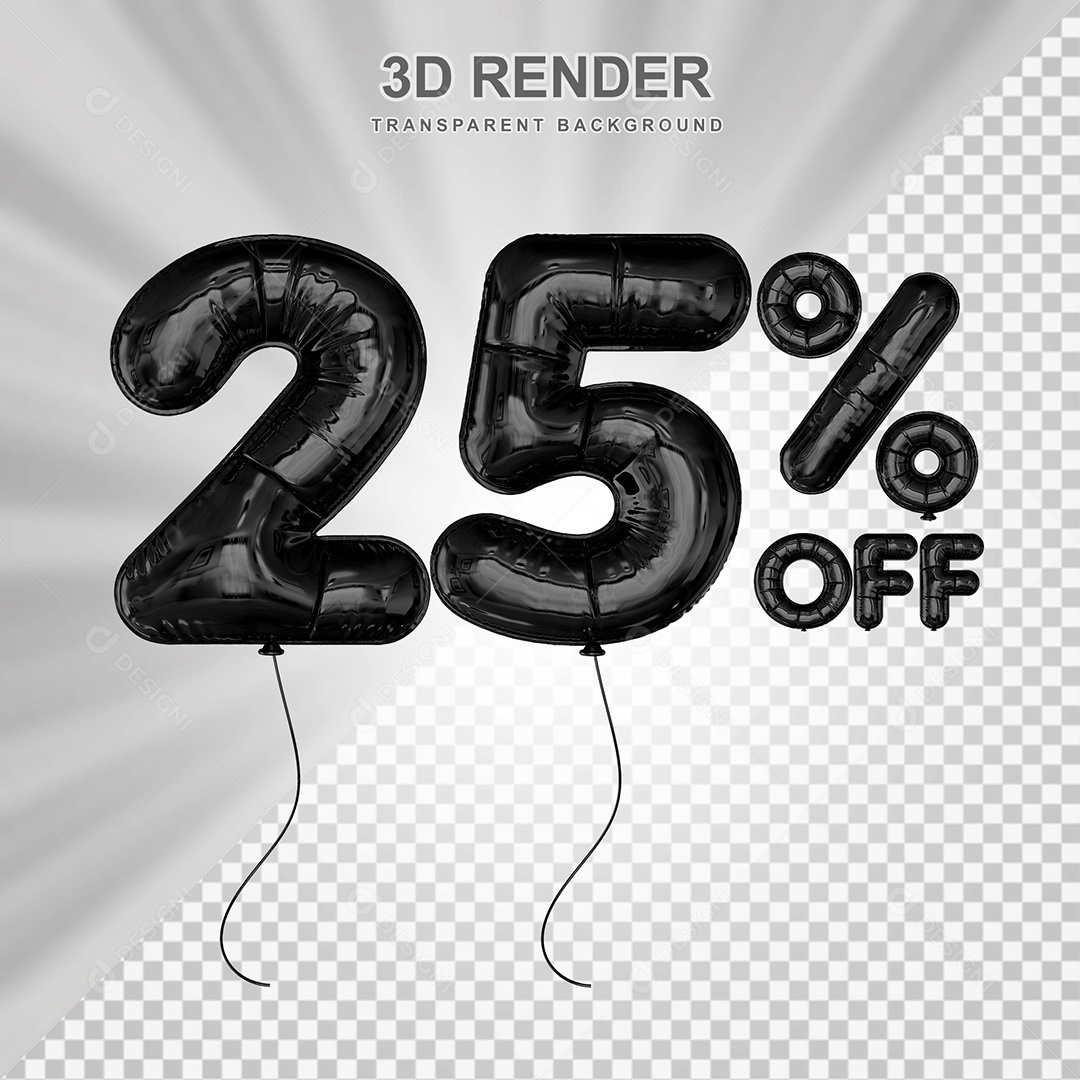Elemento 3D Balão Preto de Número 25% para Composição PSD