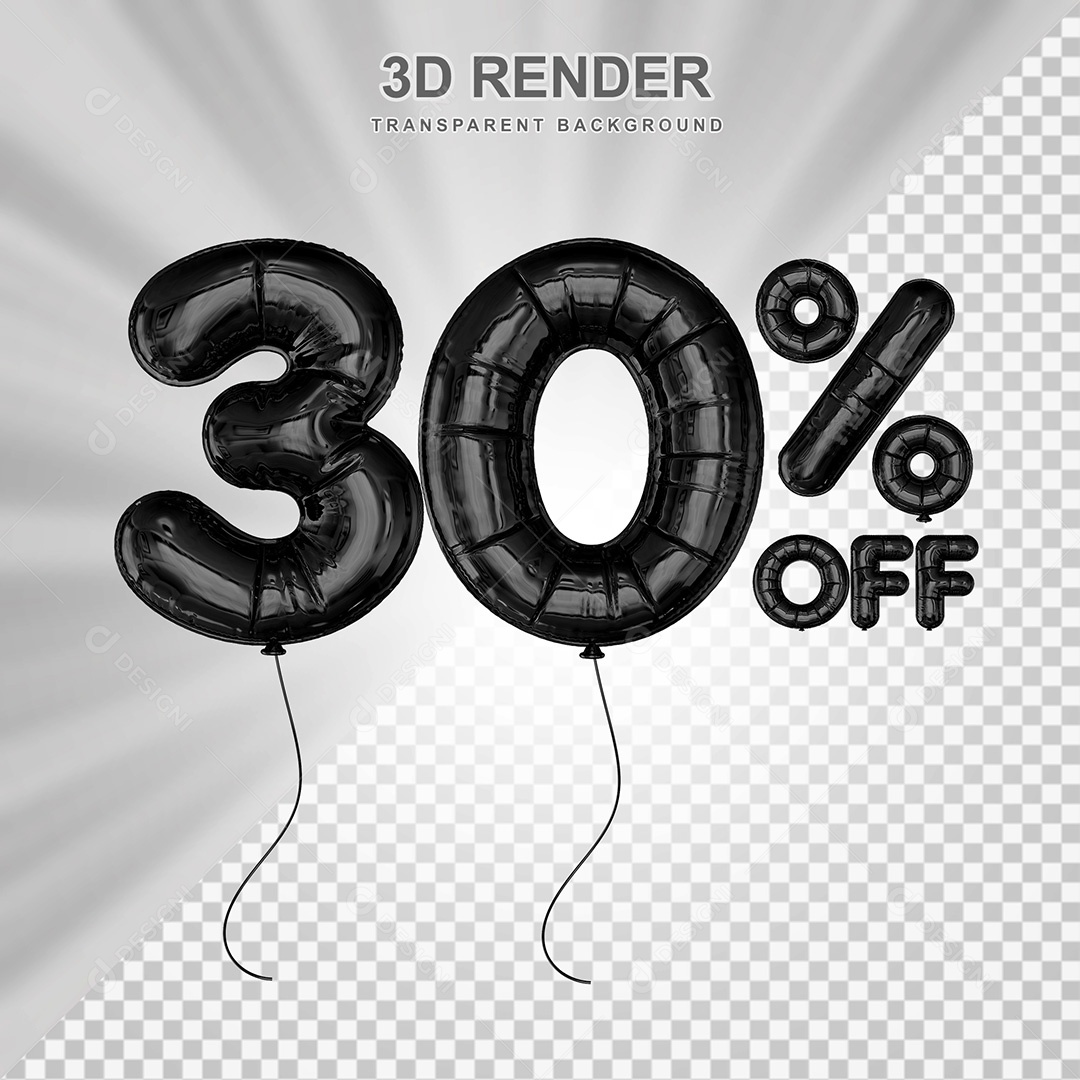Elemento 3D Balão Preto de Número 30% para Composição PSD