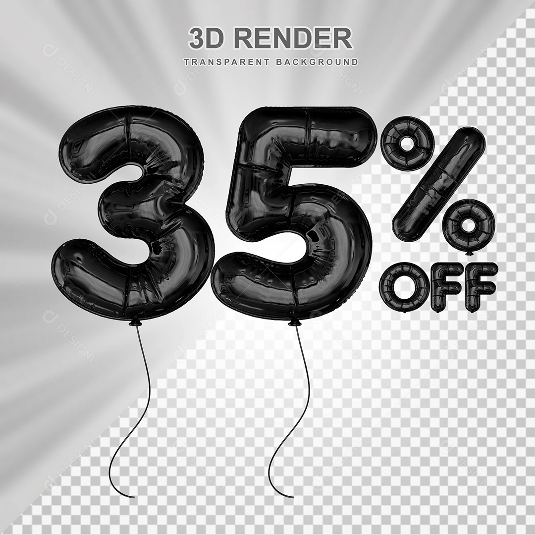 Elemento 3D Balão Preto de Número 35% para Composição PSD