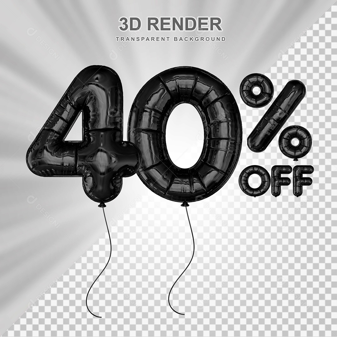 Elemento 3D Balão Preto de Número 40% para Composição PSD