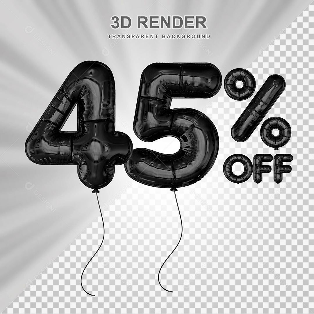 Elemento 3D Balão Preto de Número 45% para Composição PSD