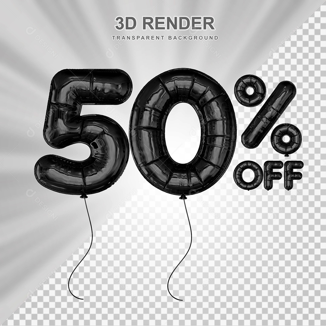 Elemento 3D Balão Preto de Número 50% para Composição PSD