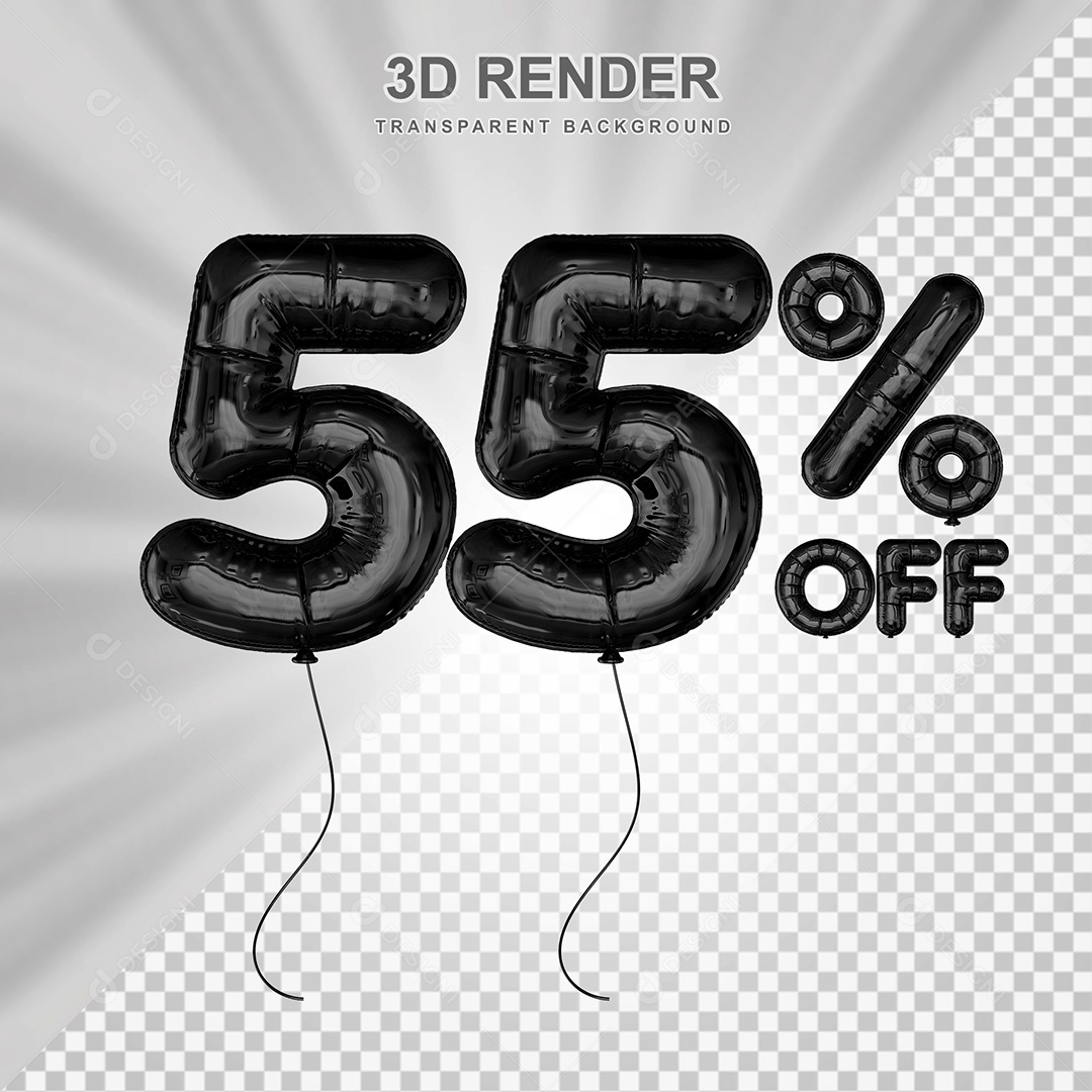Elemento 3D Balão Preto de Número 55% para Composição PSD