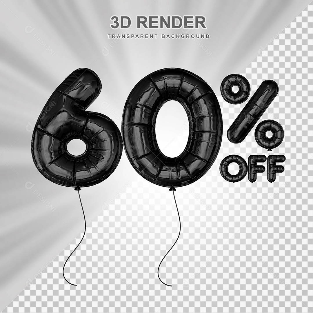 Elemento 3D Balão Preto de Número 60% para Composição PSD