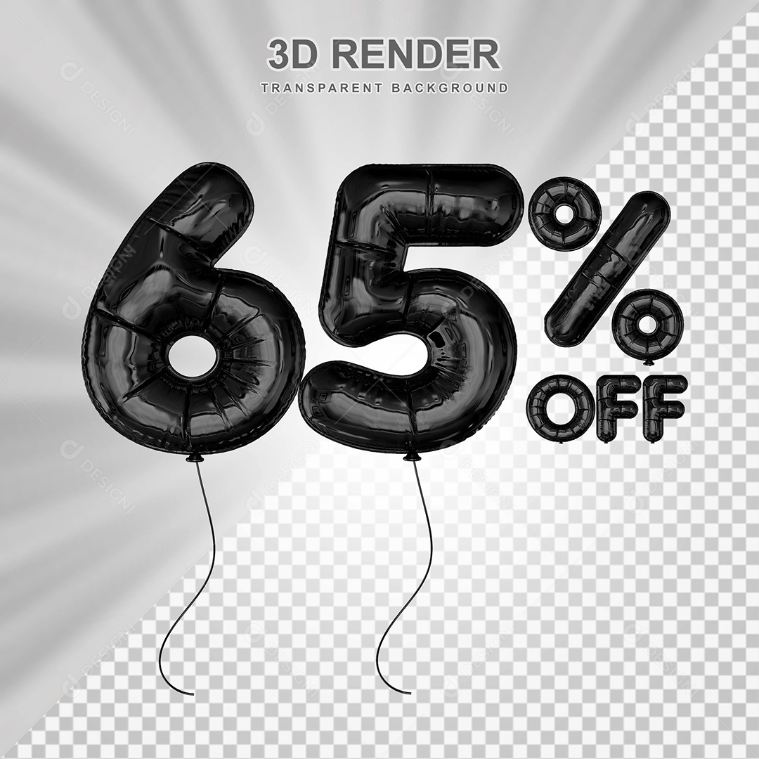 Elemento 3D Balão Preto de Número 65% para Composição PSD