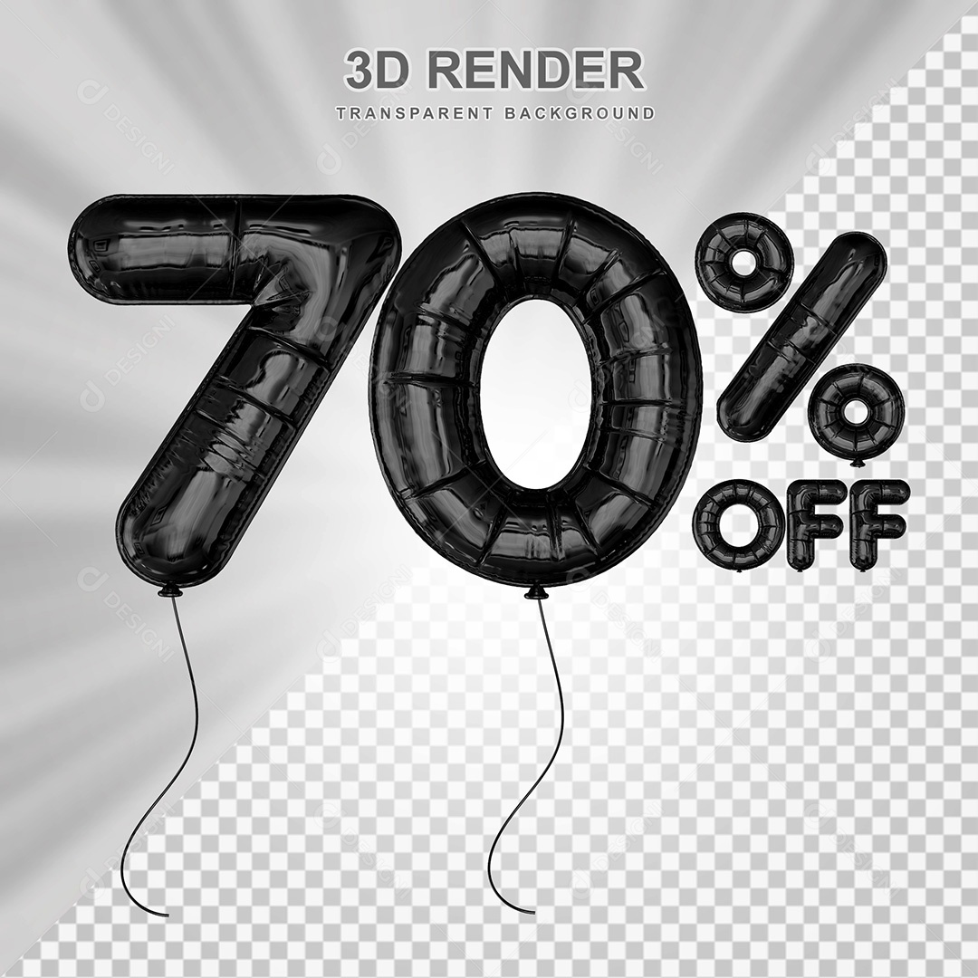 Elemento 3D Balão Preto de Número 70% para Composição PSD