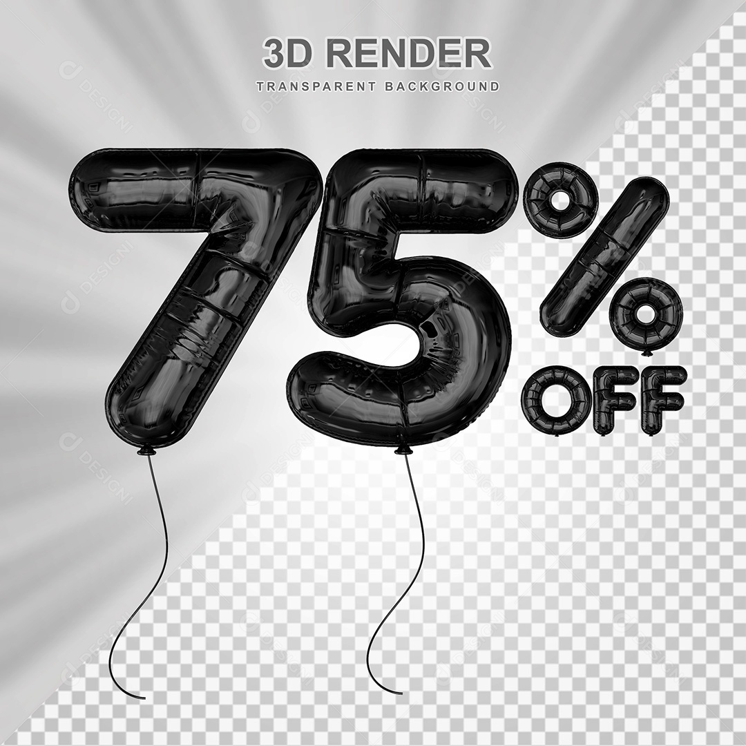 Elemento 3D Balão Preto de Número 75% para Composição PSD