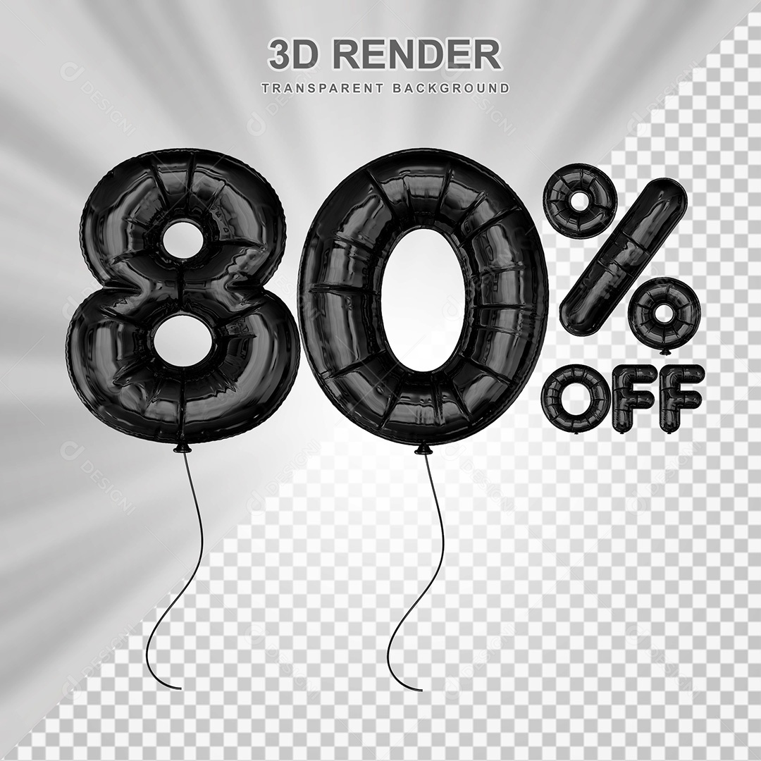Elemento 3D Balão Preto de Número 80% para Composição PSD