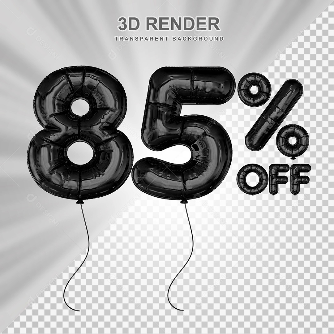 Elemento 3D Balão Preto de Número 85% para Composição PSD