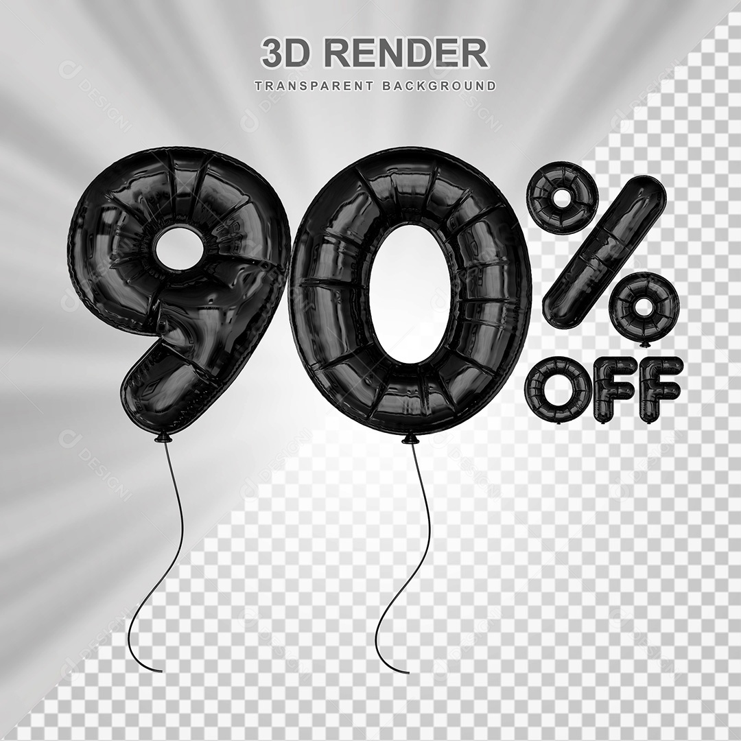Elemento 3D Balão Preto de Número 90% para Composição PSD