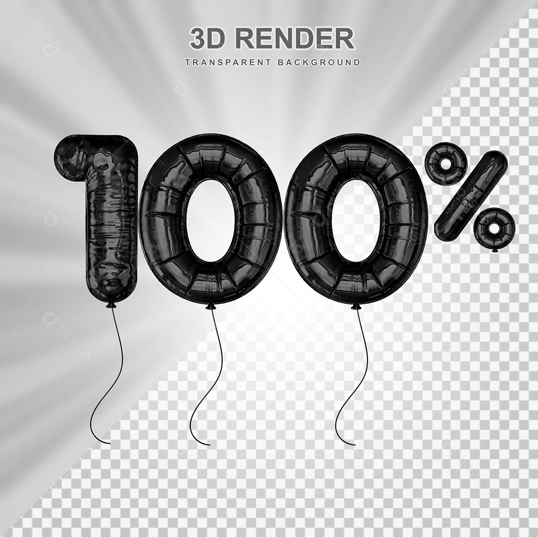 Elemento 3D Balão Preto de Número 100% para Composição PSD