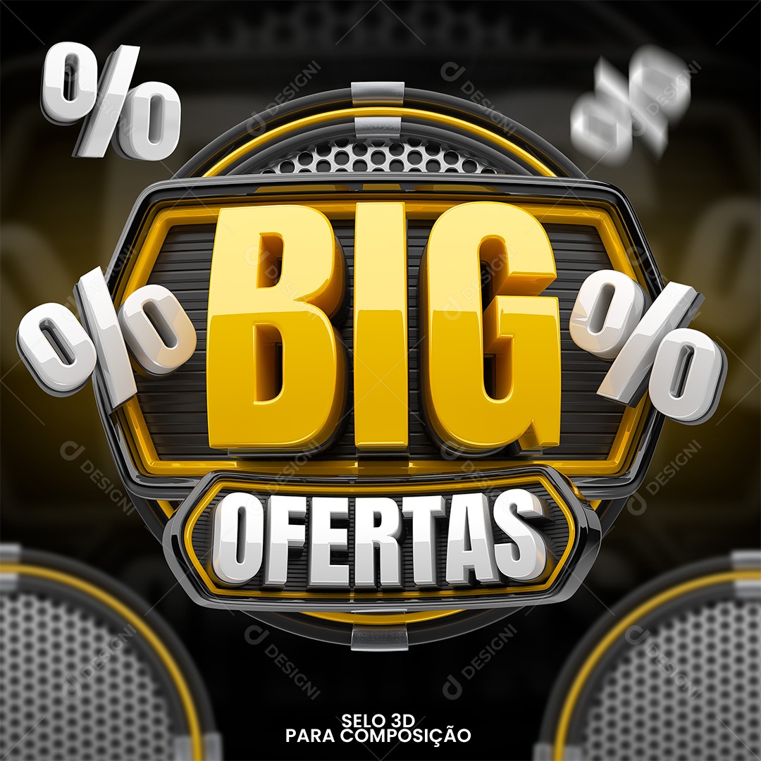 Big Ofertas Selo 3D Amarelo e Branco para Composição PSD