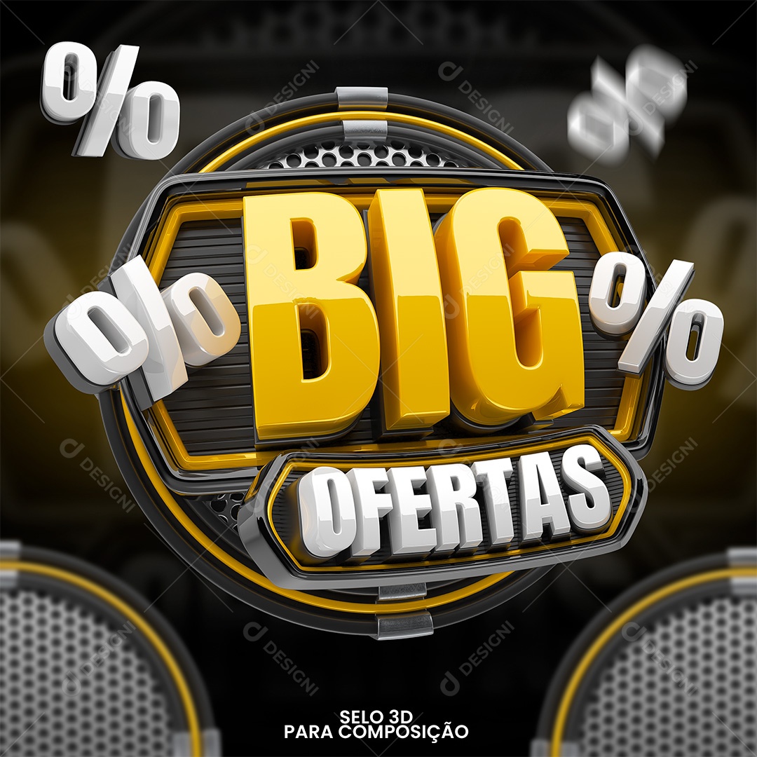 Big Ofertas Selo 3D Amarelo e Branco para Composição PSD