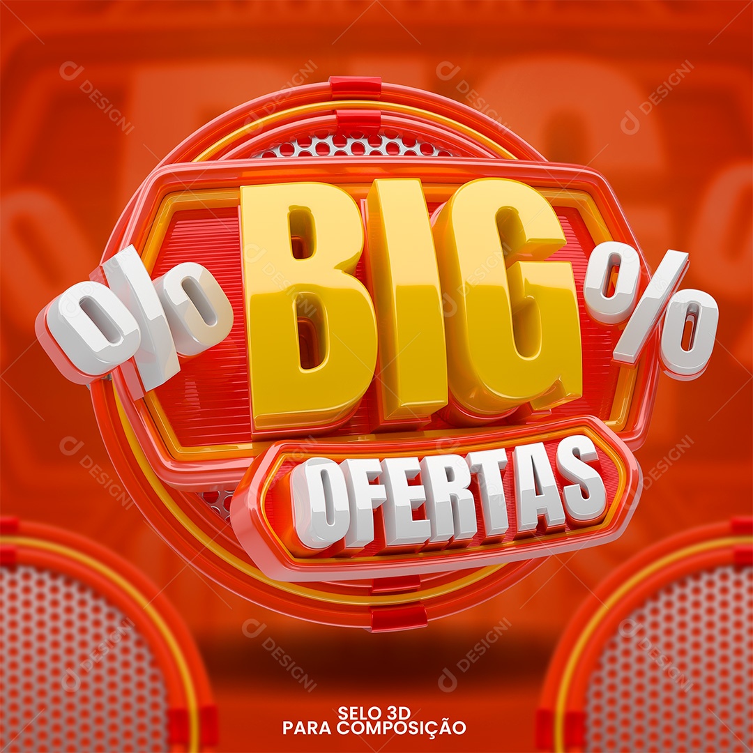 Big Ofertas Selo 3D Laranja Branco e Vermelho para Composição PSD