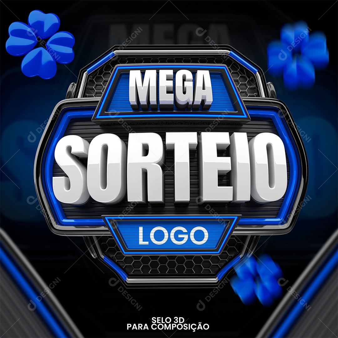 Mega Sorteio Selo 3D Branco e Azul para Composição PSD