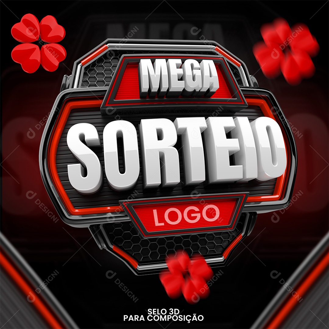 Mega Sorteio Selo 3D Branco e Vermelho para Composição PSD