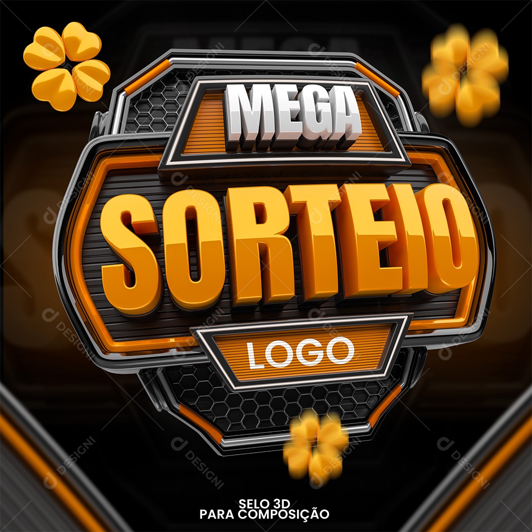 Mega Sorteio Selo 3D Branco e Laranja para Composição PSD