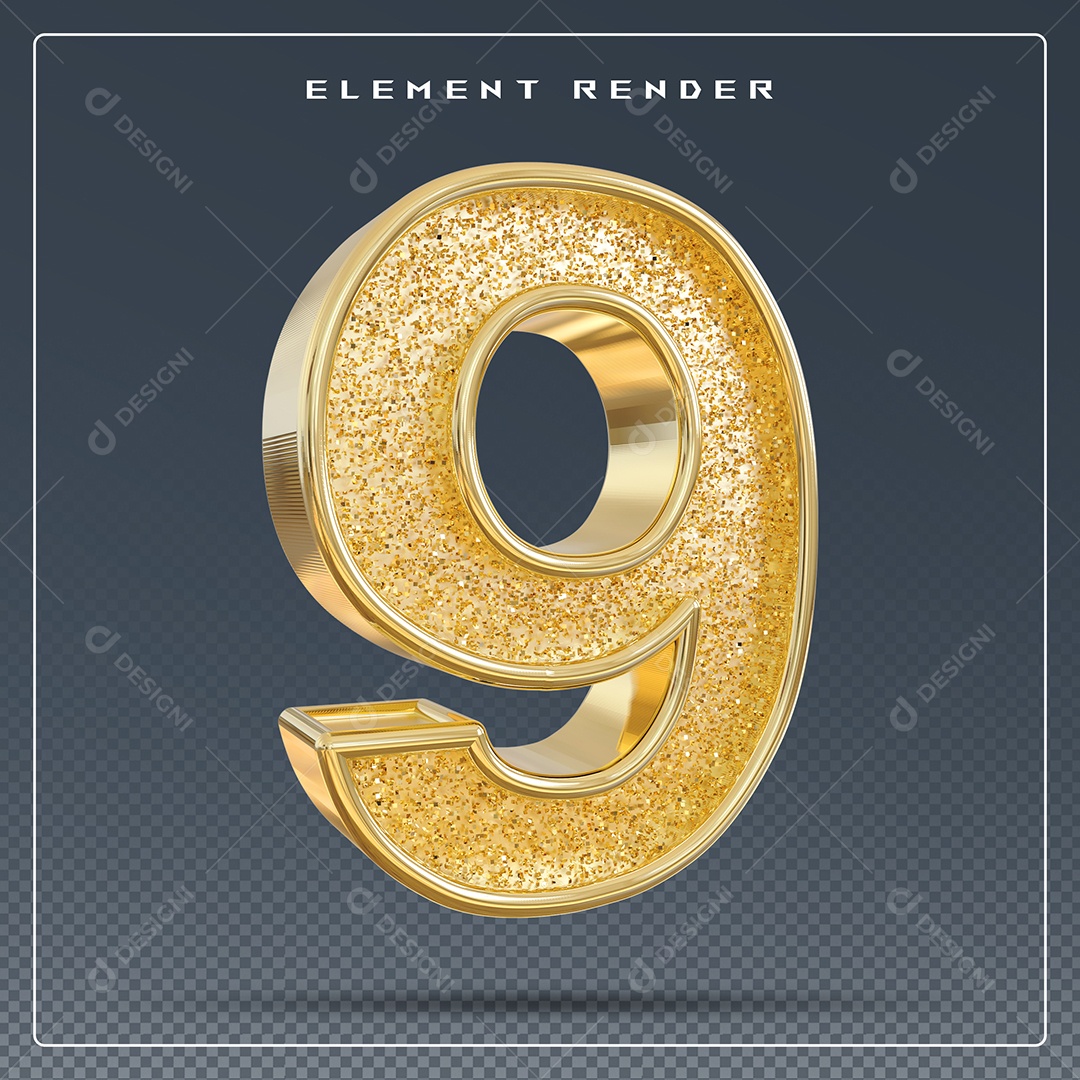 Elemento 3D Número 9 Dourado para Composição PSD