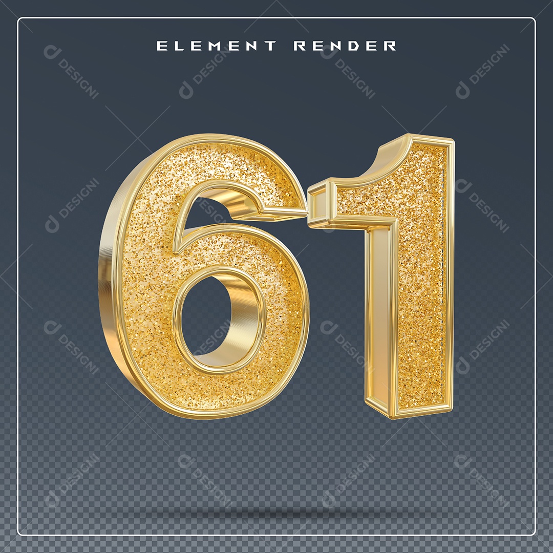 Elemento 3D Número 61 Dourado para Composição PSD