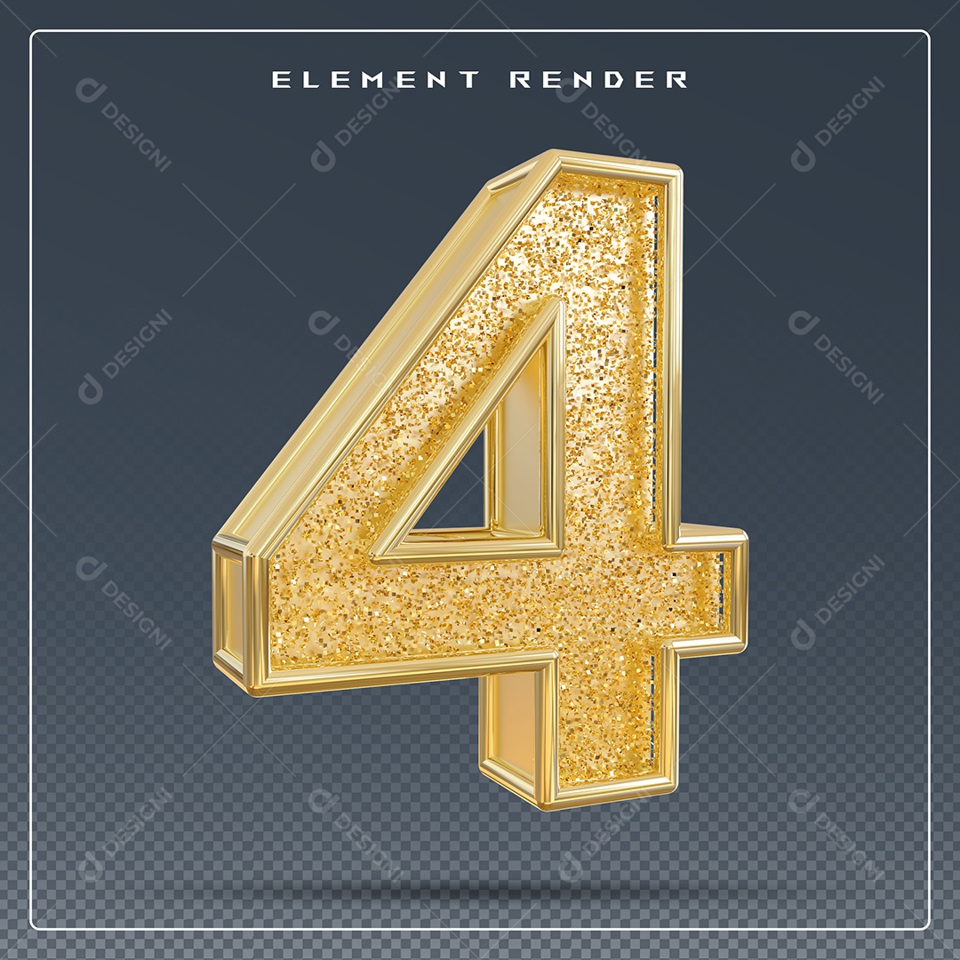 Elemento 3D Número 4 Dourado para Composição PSD