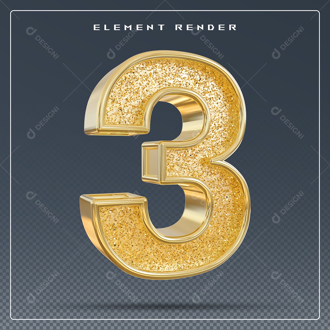 Elemento 3D Número 3 Dourado para Composição PSD