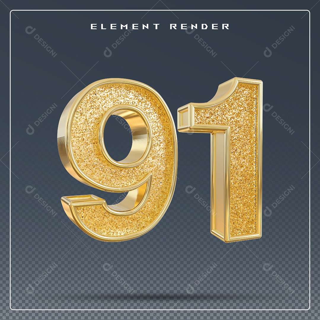 Elemento 3D Número 91 Dourado para Composição PSD