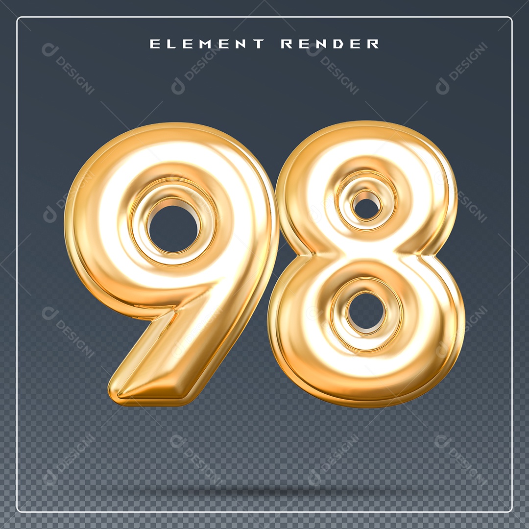 Elemento 3D Número 98 Dourado para Composição PSD