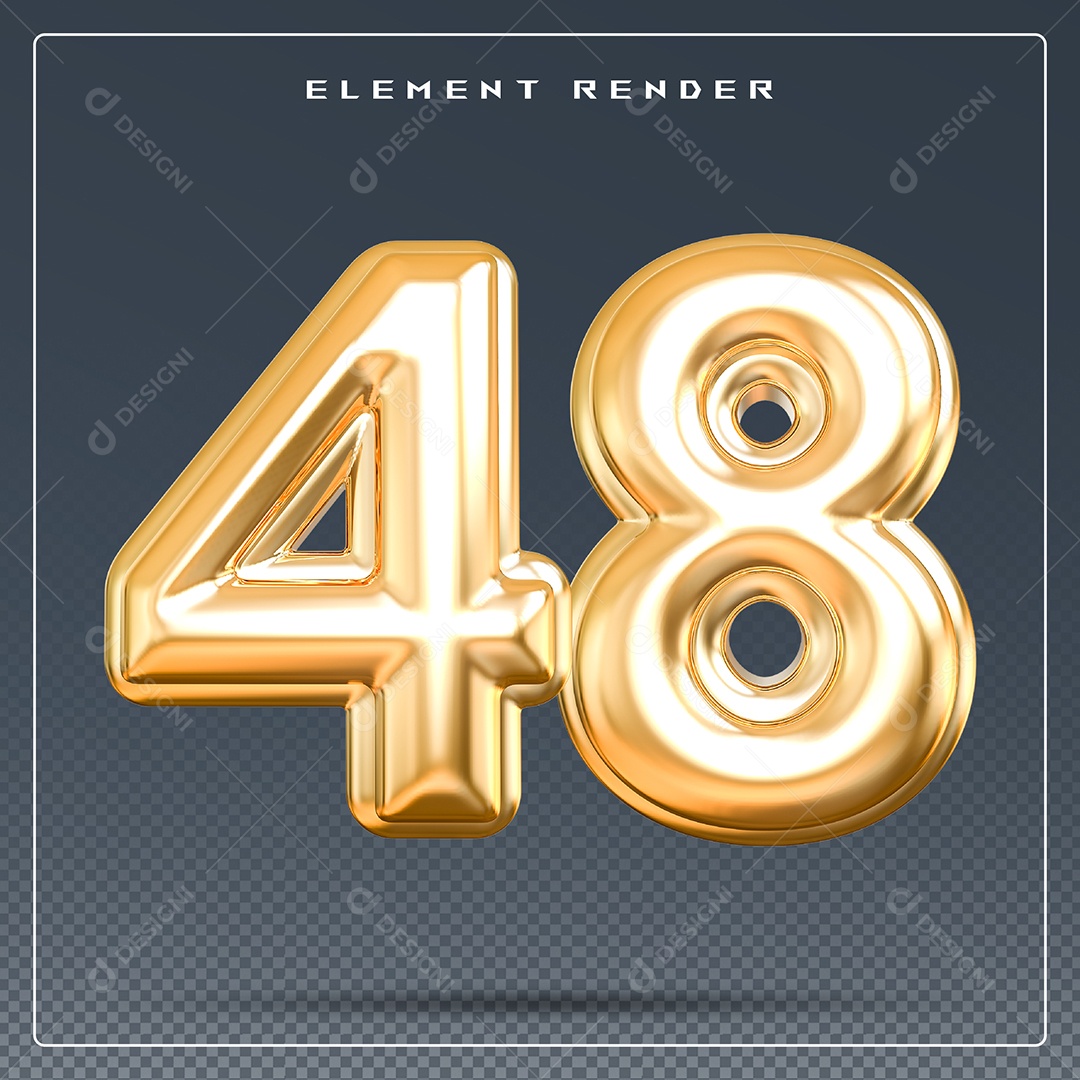 Elemento 3D Número 48 Dourado para Composição PSD