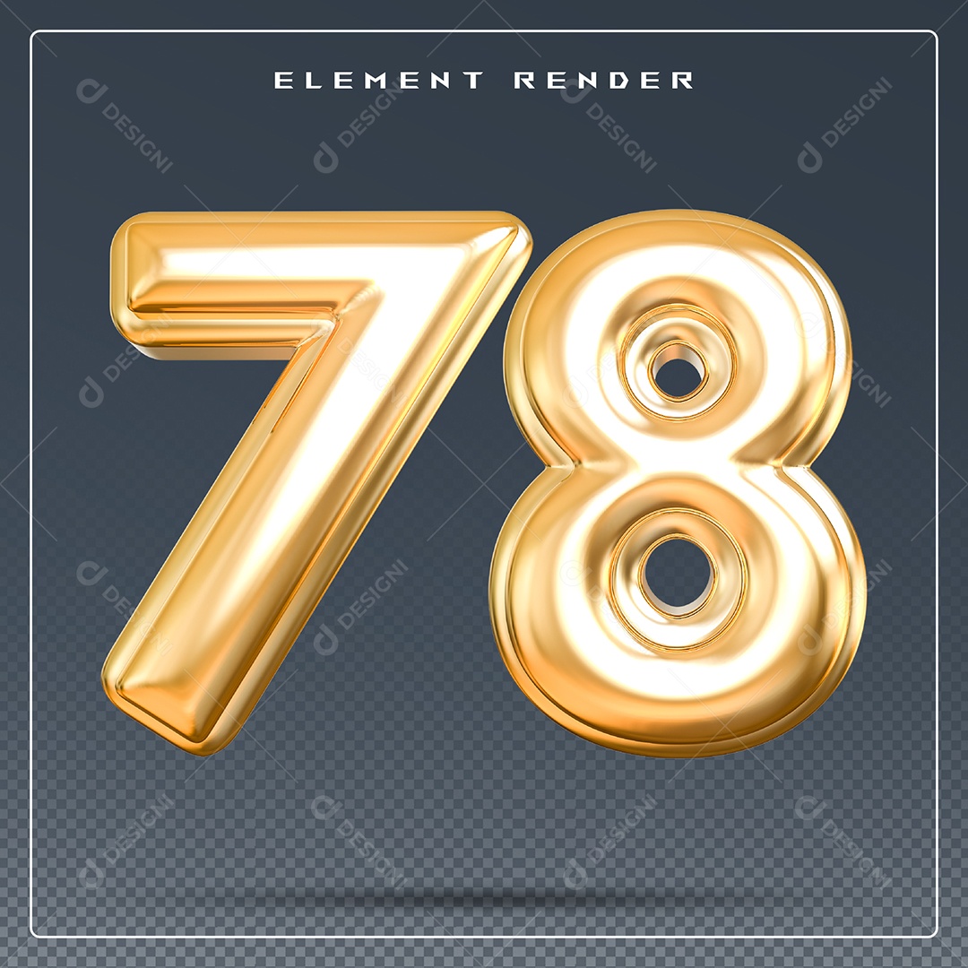 Elemento 3D Número 78 Dourado para Composição PSD