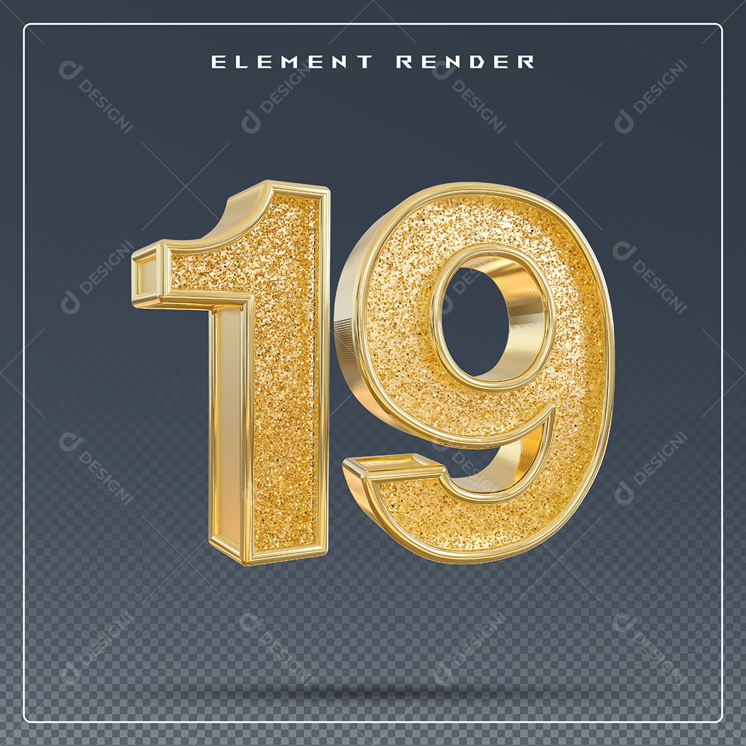 Elemento 3D Número 19 Dourado para Composição PSD