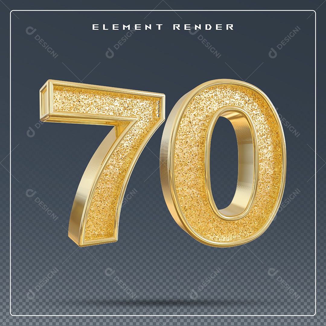Elemento 3D Número 70 Dourado para Composição PSD