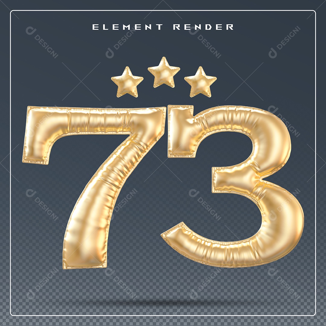 Elemento 3D Número 73 Dourado para Composição PSD