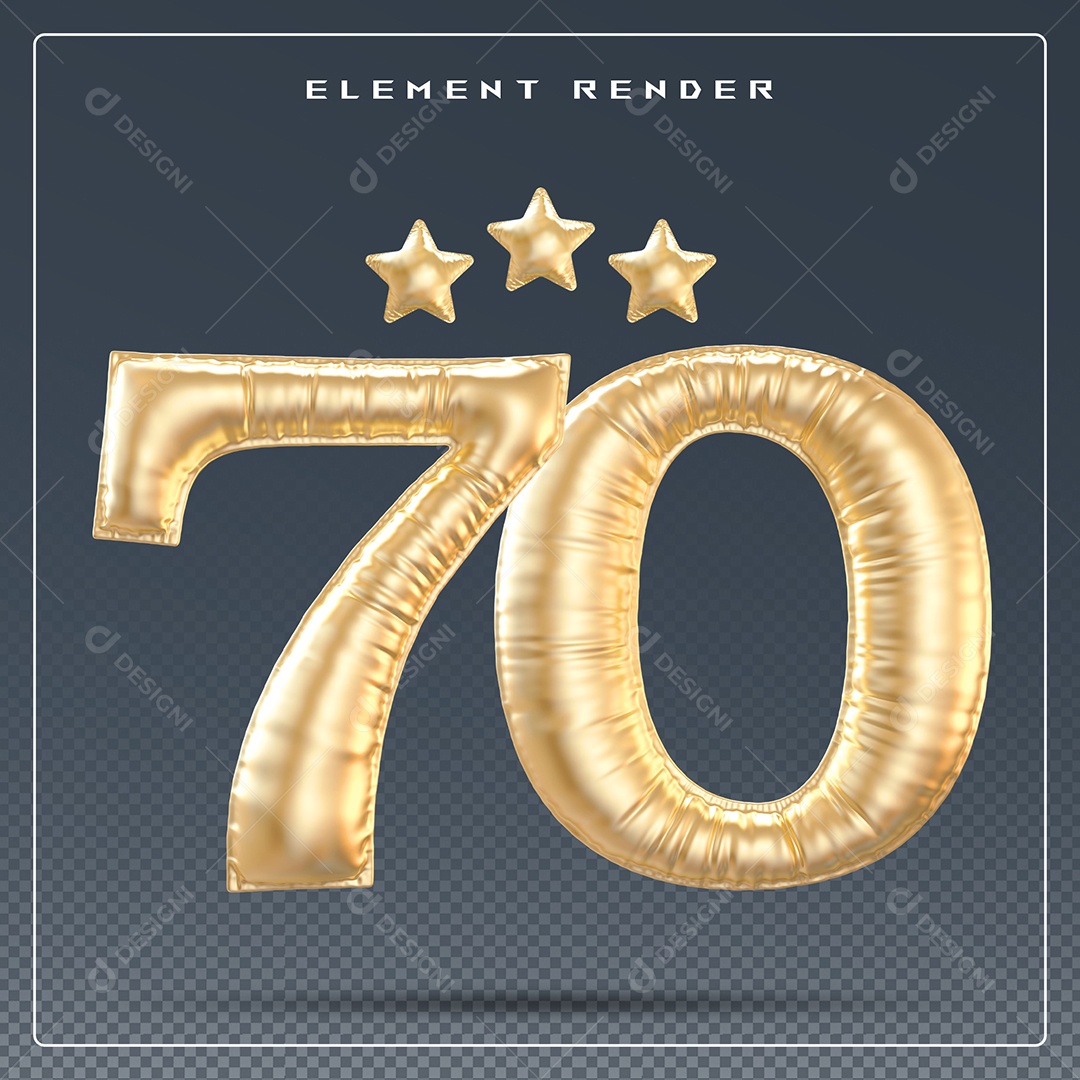 Elemento 3D Número 70 Dourado para Composição PSD