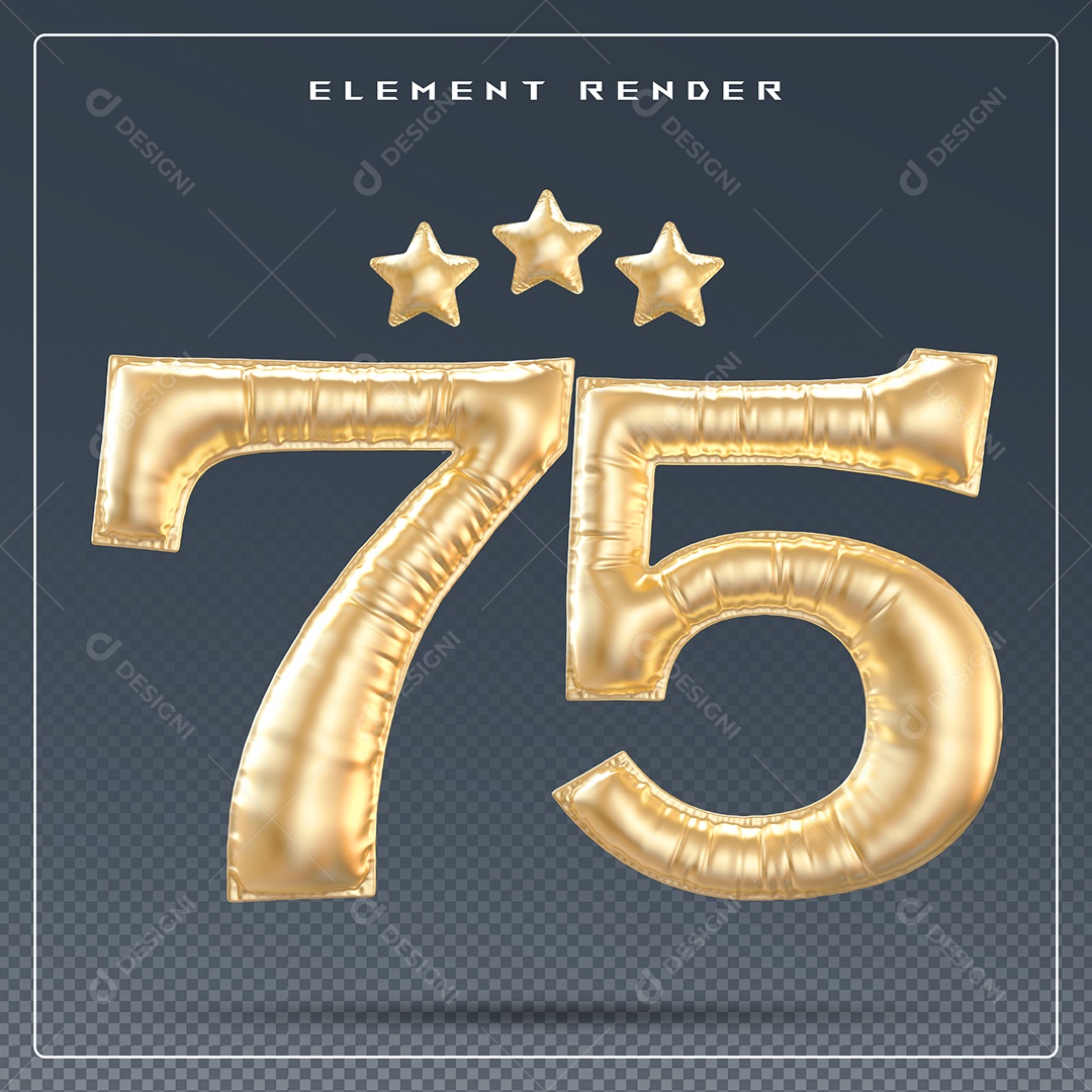 Elemento 3D Número 75 Dourado para Composição PSD