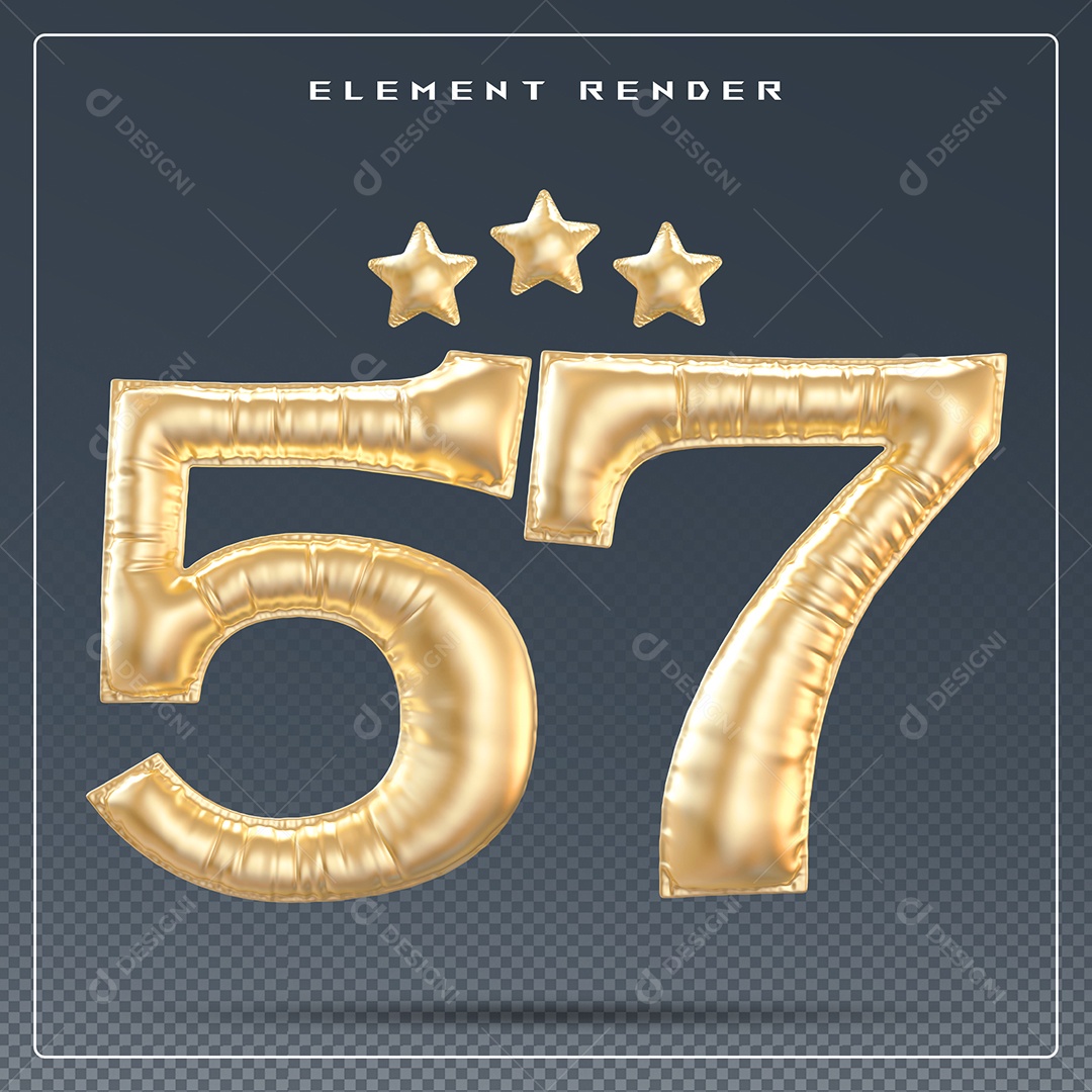 Elemento 3D Número 57 Dourado para Composição PSD