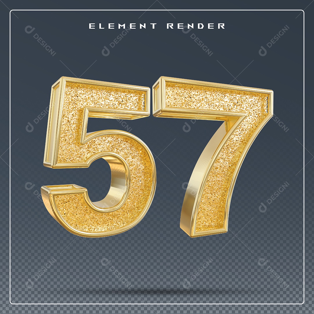 Elemento 3D Número 57 Dourado para Composição PSD