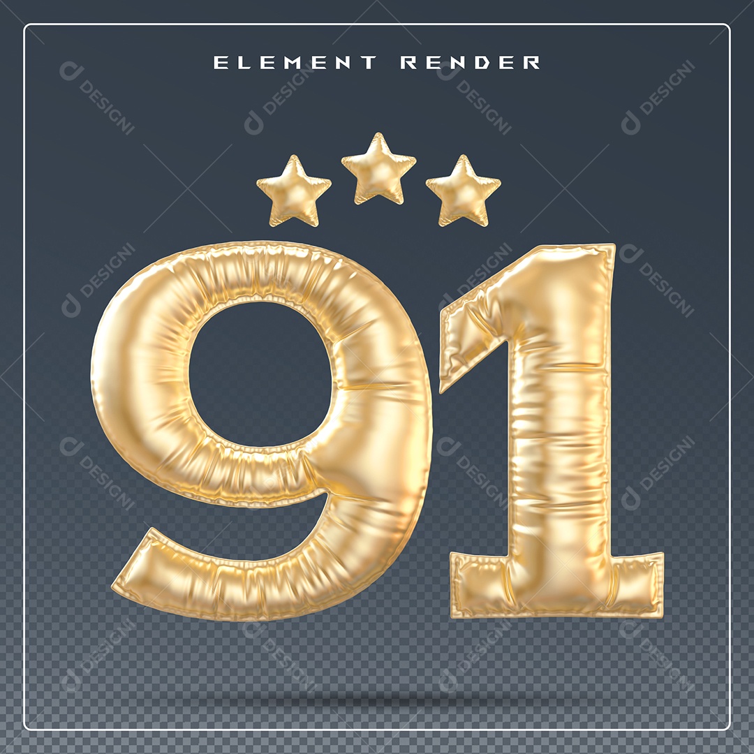 Elemento 3D Número 91 Dourado para Composição PSD