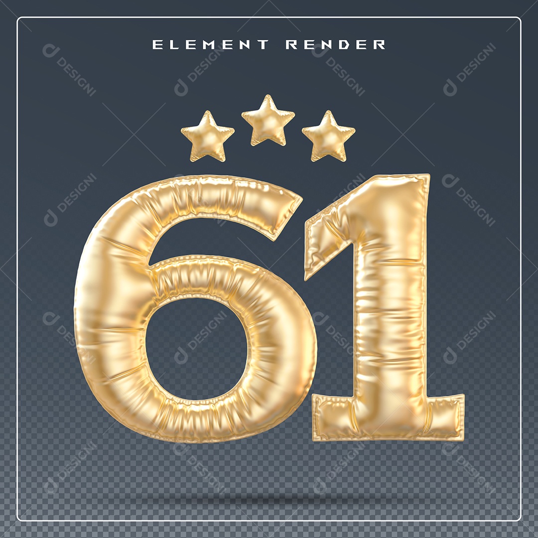 Elemento 3D Número 61 Dourado para Composição PSD