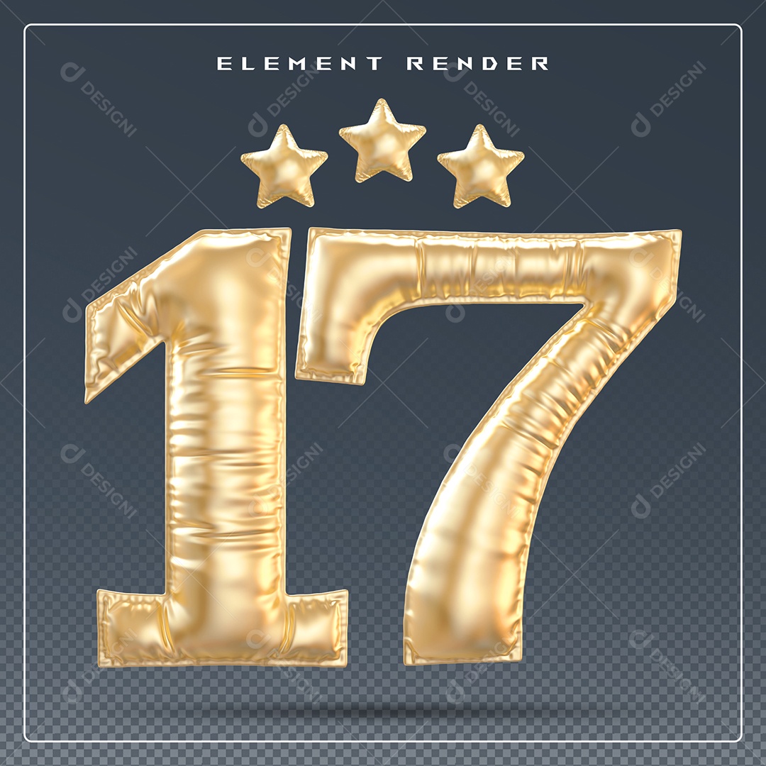 Elemento 3D Número 17 Dourado para Composição PSD