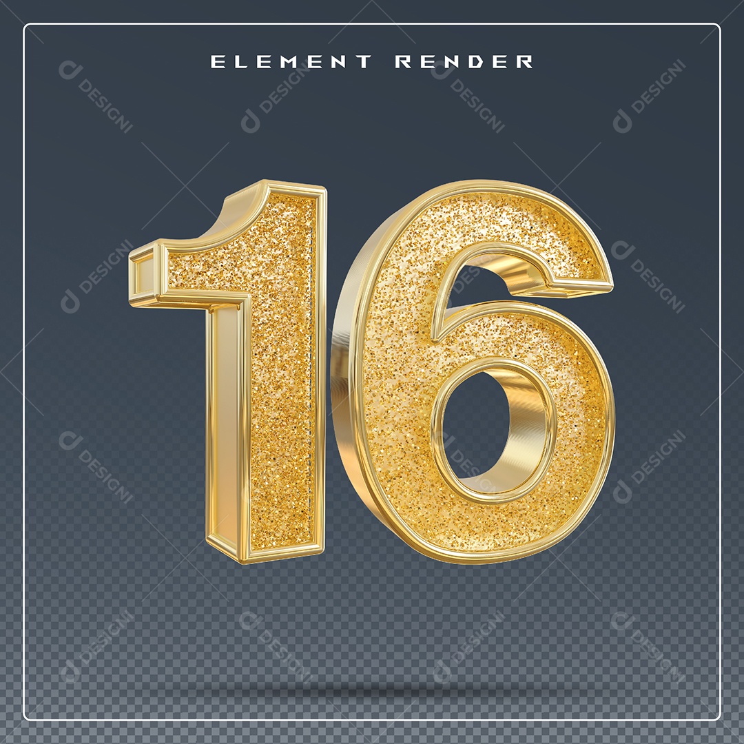 Elemento 3D Número 16 Dourado para Composição PSD