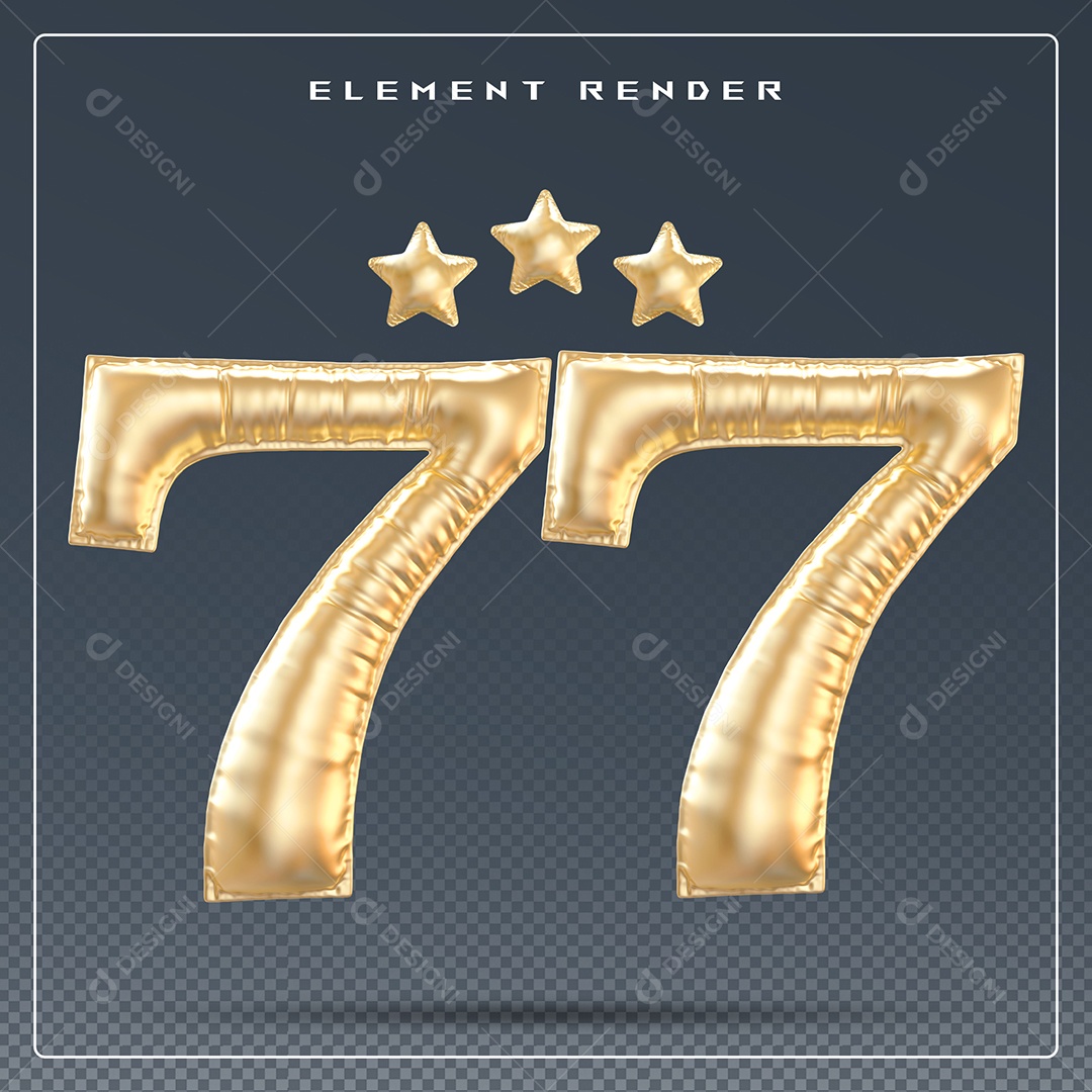 Elemento 3D Número 77 Dourado para Composição PSD