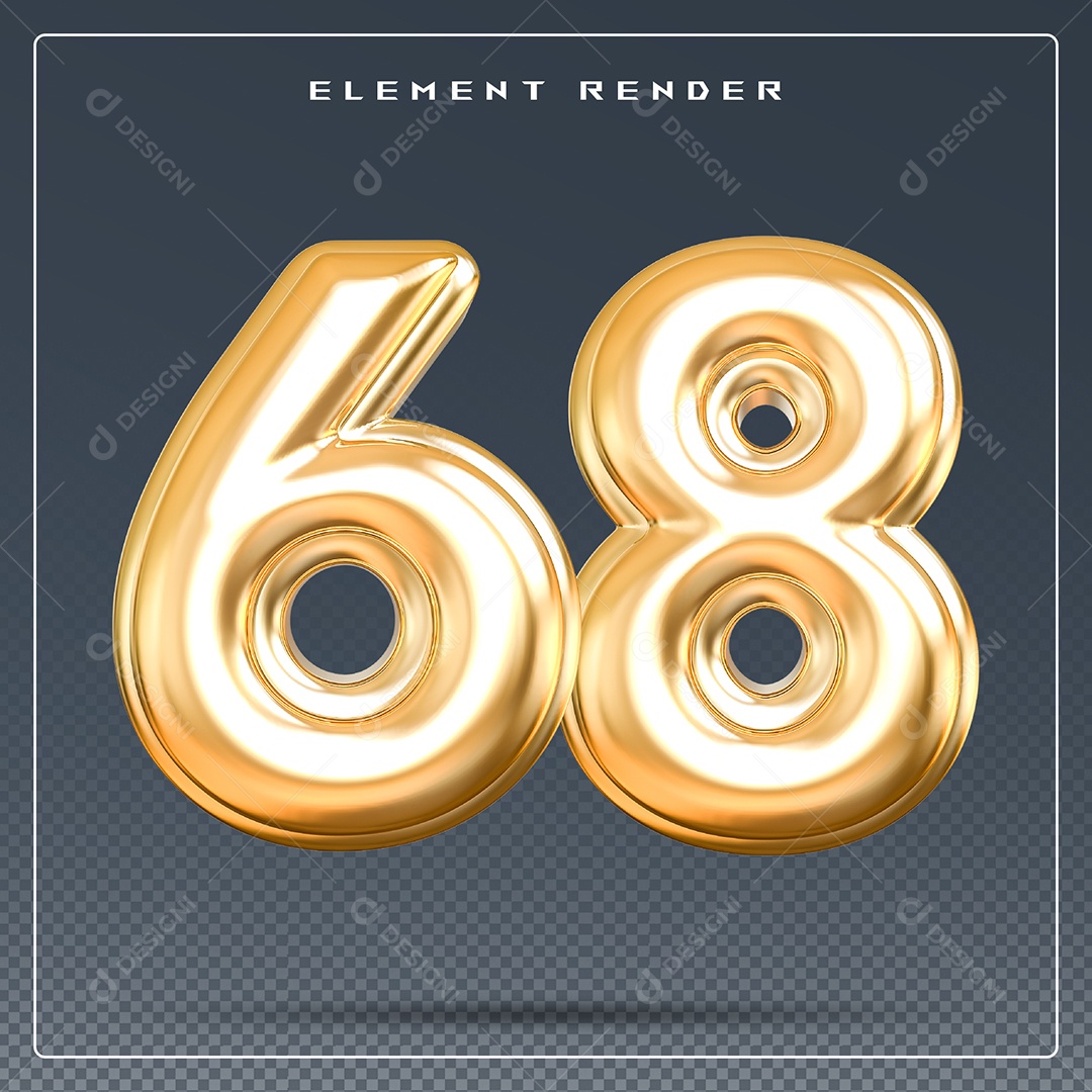 Elemento 3D Número 68 Dourado para Composição PSD