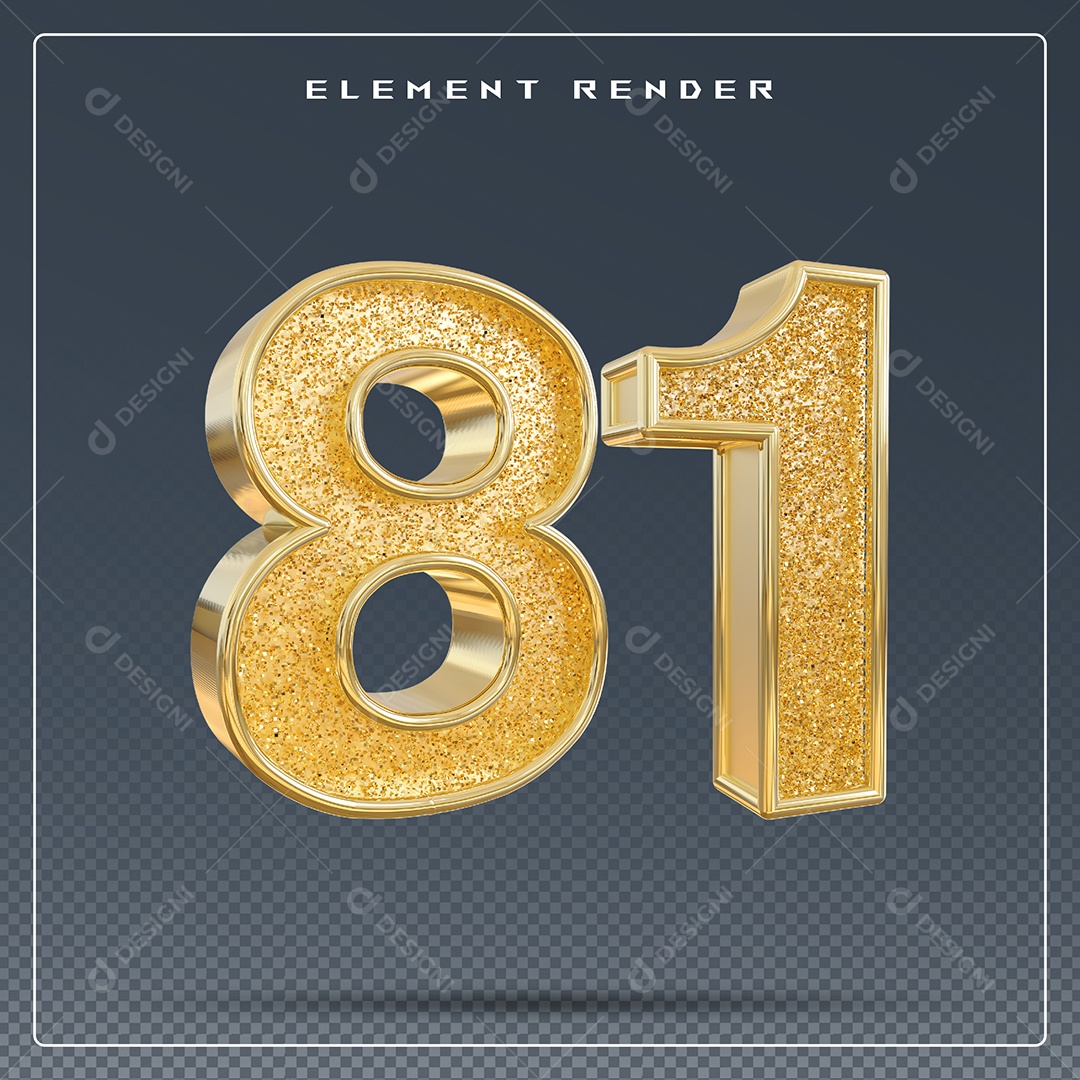 Elemento 3D Número 81 Dourado para Composição PSD