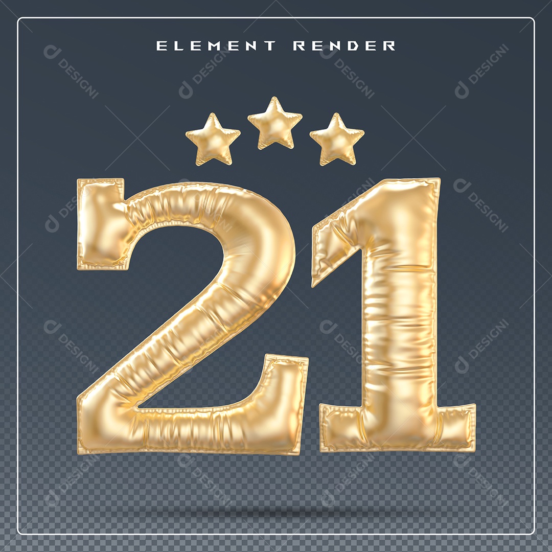 Elemento 3D Número 21 Dourado para Composição PSD